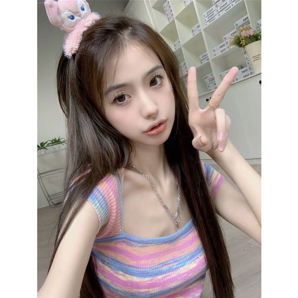 áo len dệt kim cổ vuông kiểu phối màu nổi bật (70117#)