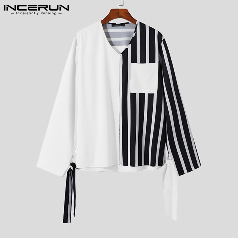 Áo sơ mi INCERUN tay dài cổ chữ v thời trang sành điệu cho nam