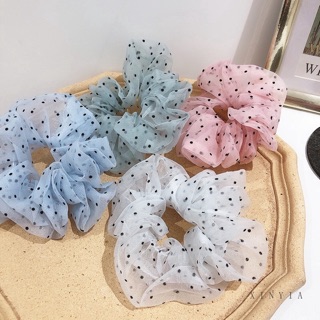 🥝Chun cột tóc Scrunchies voan lưới chấm bi