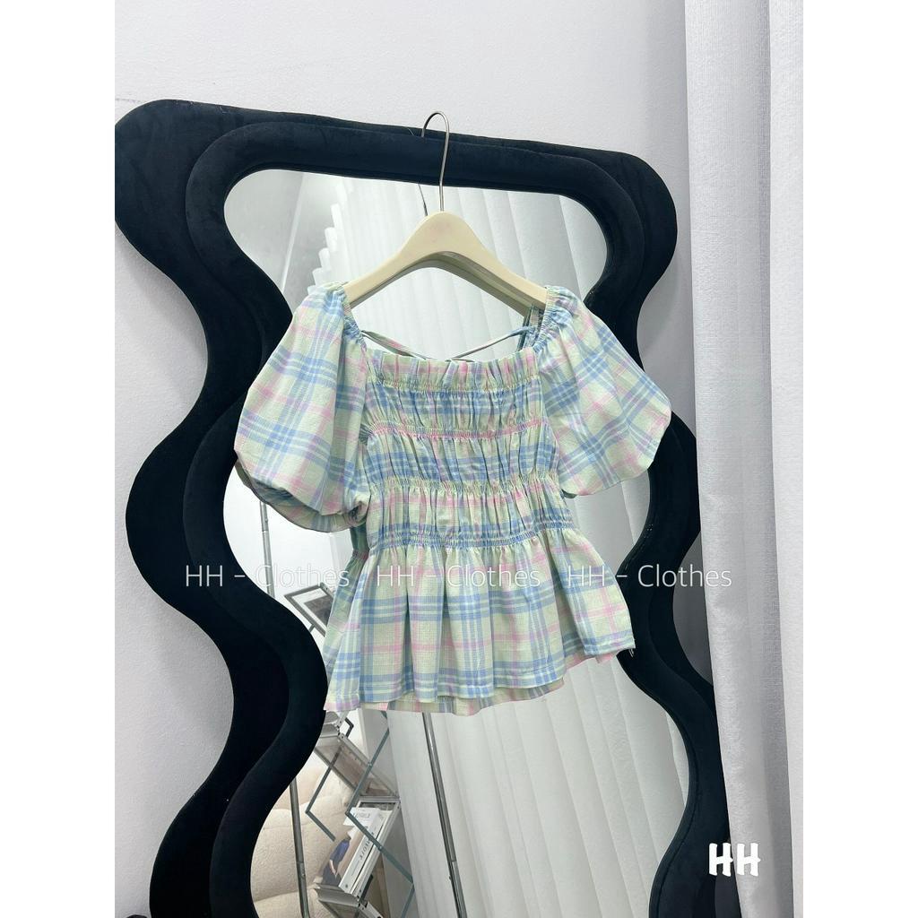 Áo kiểu nữ, áo kẻ cộc tay phồng nữ bo chun ngực, cổ vuông dáng ngắn xòe thời trang hot trend NGOCDIEP BOUTIQUE