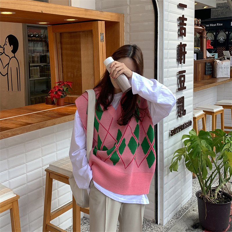 Áo gile len họa tiết hình học đơn giản thời trang phong cách Hàn Quốc