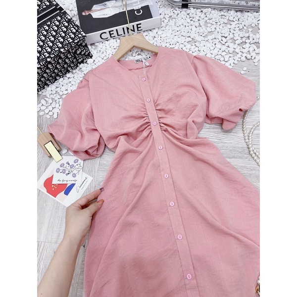 Váy Hồng Rúm Tay Bồng