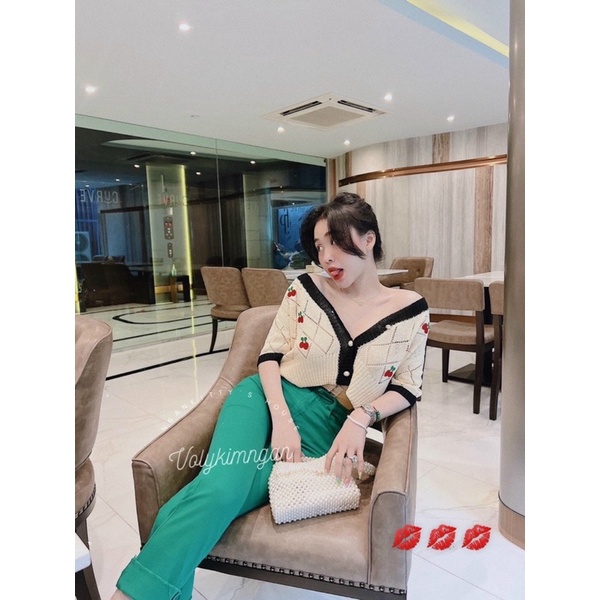 Áo len Cadigan tay cộc phối viền, hoạ tiết quả cherry bao xinh, dáng len ngắn lỡ