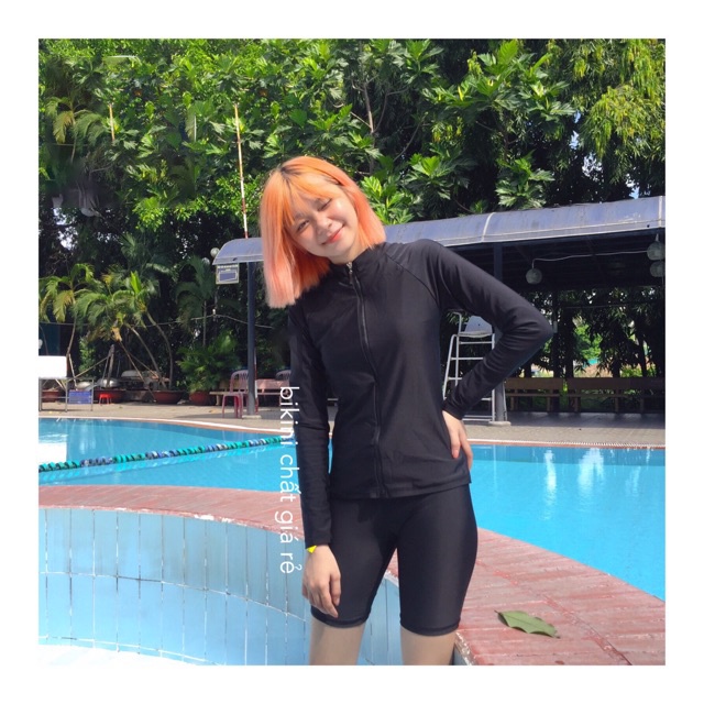 Đồ bơi nữ 2 mảnh tay dài quần lửng kín đáo đi biển đi bơi bikini thun lạnh dây kéo che khuyết điểm | DBN006