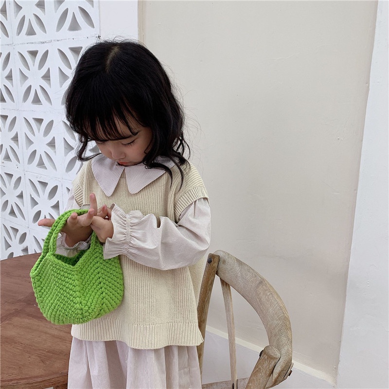 Túi Xách Đan Len Màu Trơn Đơn Giản Thời Trang Mùa Thu Cho Bé