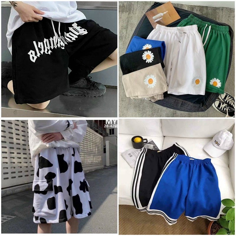 Quần thun lửng In Hoa Cúc Nam nữ Couple💖FREESHIP RẺ ĐẸP💖Quần Short Đùi Bò Sữa Chữ Sọc Uniesex Đủ Size - Cặp Đôi Cute