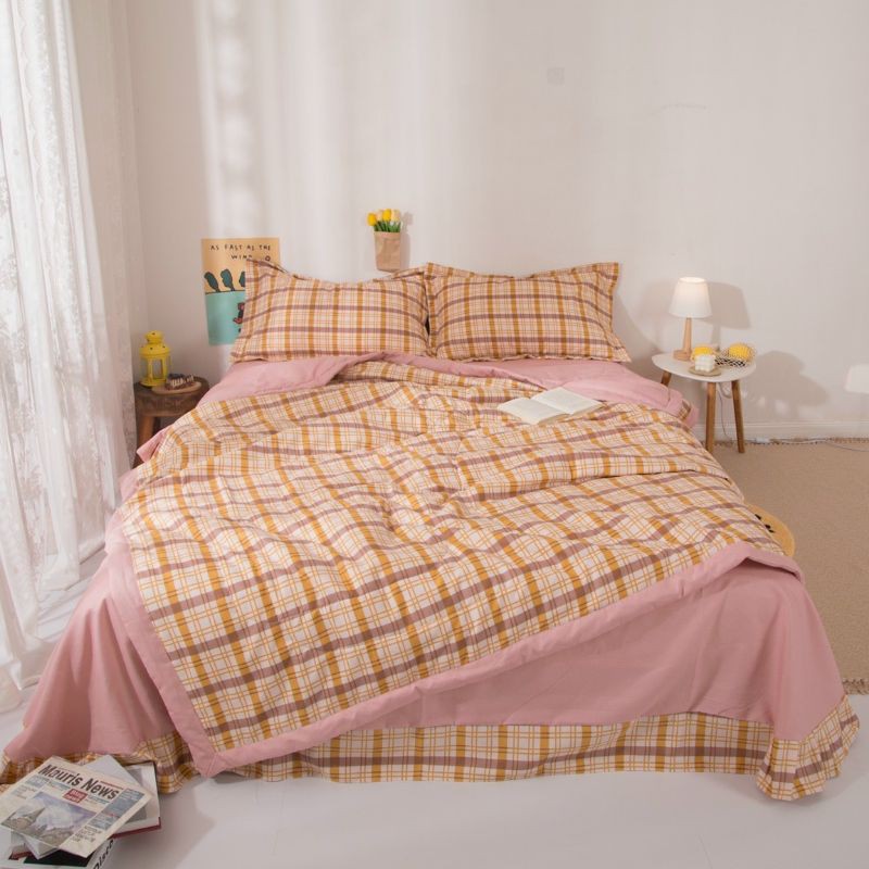 Bộ Chăn Ga Gối Đũi Caro Chăn Chần Hè. Chăn Ga Nhập Khẩu Phong Cách Hàn Quốc