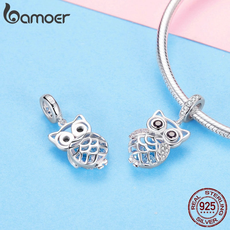 Hạt phụ kiện Bamoer bạc hình chim cú đáng yêu thời trang làm trang sức thủ công cho nữ