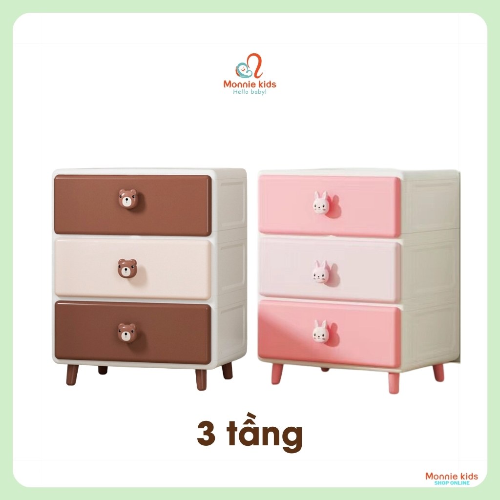 Tủ gấu thỏ 3 tầng cho bé 40x45x60 cm 14503, tủ đựng quần áo chất liệu cao cấp cho trẻ - Monnie Kids