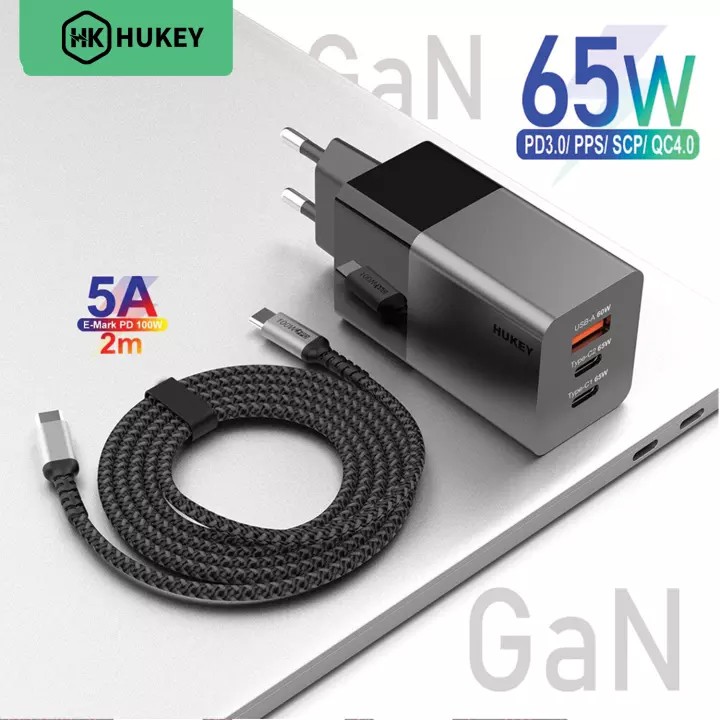 Củ sạc nhanh 65W Hukey HC-G31 cổng USB, cổng Type-C Hỗ trợ QC 4.0, QC 3.0, PD 3.0 cho điện thoại, macbook, iphone