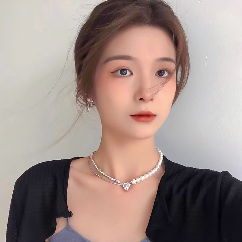 Vòng cổ ngọc trai chống gỉ Thời trang nữ Phiên bản Hàn Quốc Vòng cổ mặt dây chuyền kim cương hình trái tim cao cấp