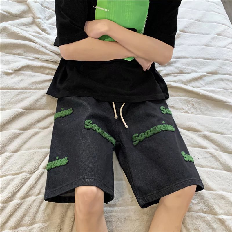 Quần Short Jean Ống Rộng Thêu Chữ Thời Trang Mùa Hè Dành Cho Nam