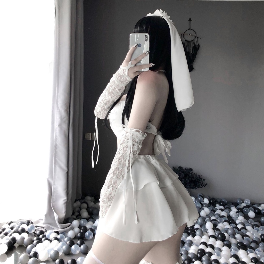 Đồ ngủ sexy đồ ngủ nữ cosplay cô dâu 1 sexy ren lưới hoa văn màu đen màu trắng freesize QUENQUEN store a2 | BigBuy360 - bigbuy360.vn