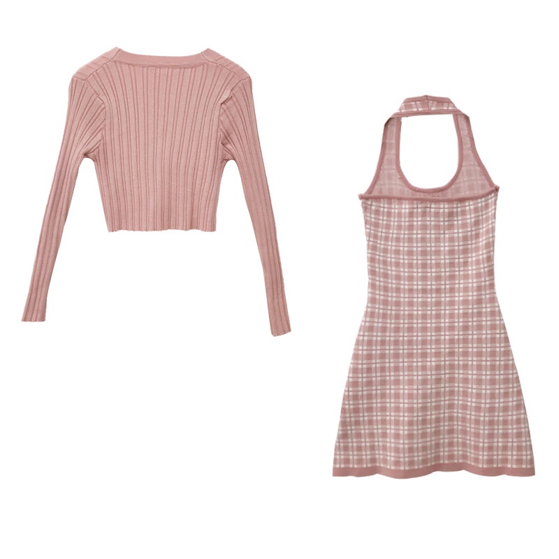 DUNEA Bộ Đầm Dệt Kim Kẻ Sọc + Áo Khoác Cardigan Chống Nắng Thời Trang Cho Nữ