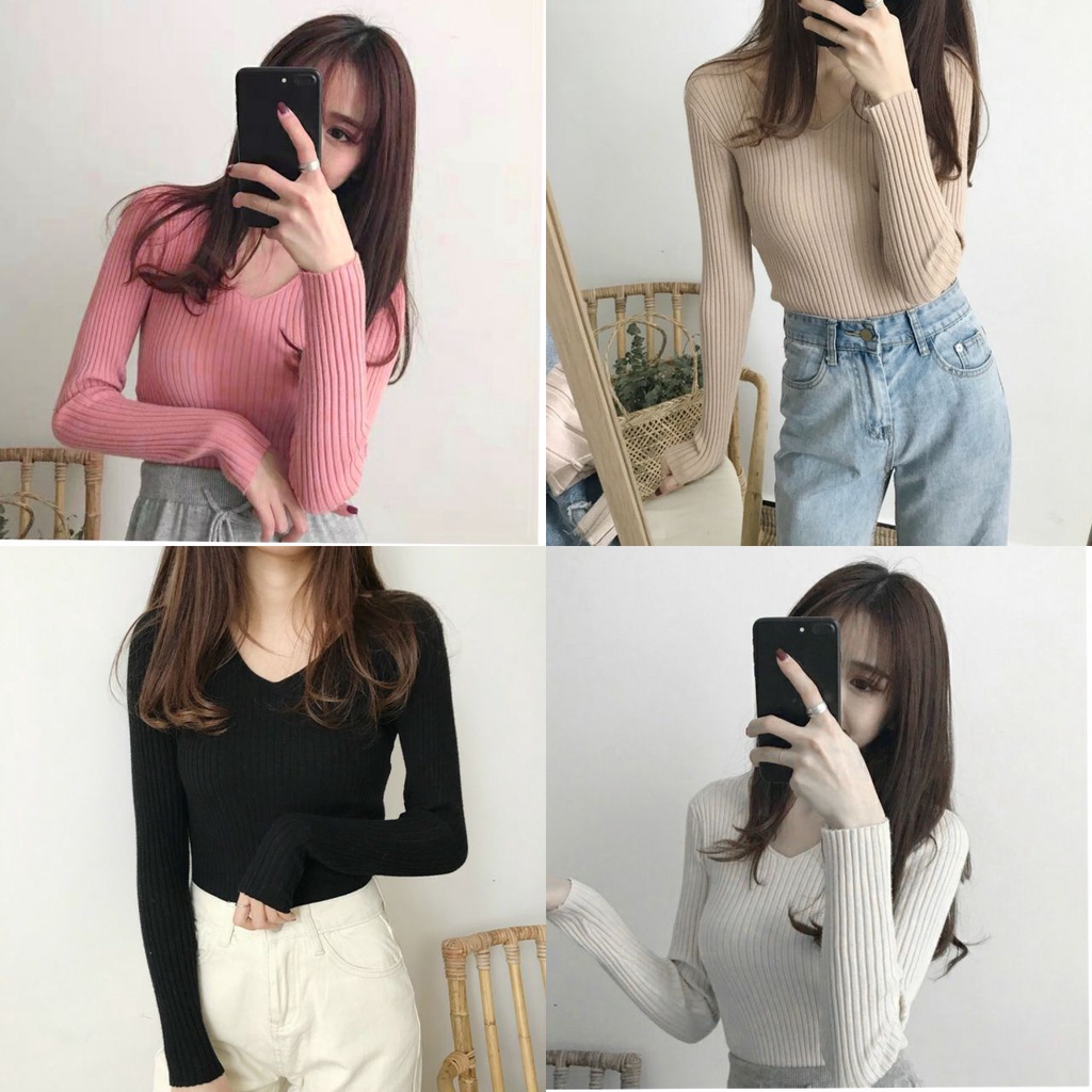 Áo Thun Tay Dài Cổ Tim Fom Ôm Chất Thun Mịn Mát Co Giản, ÁO GÂN CỔ TIM TAY DÀI