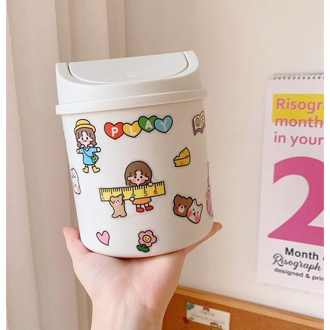 Thùng rác mini để bàn, hộp đựng đồ đa năng, dạng nắp lật đặc biệt tặng kèm sticker trang trí dễ thương