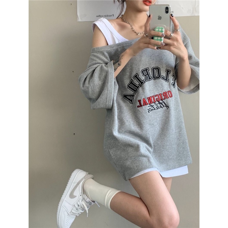 Áo Thun Rớt Vai Dáng Rộng Ngắn Tay In Chữ Phong Cách Mỹ 2022 Thời Trang Nữ