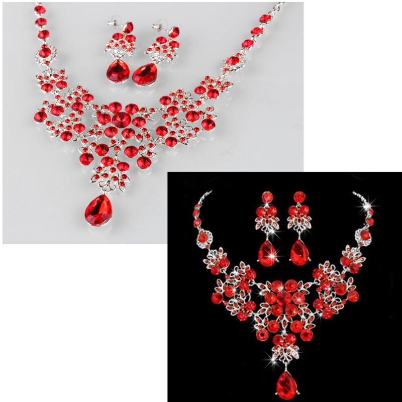 Set bông tai và dây chuyền cô dâu đính đá pha lê lấp lánh sang trọng