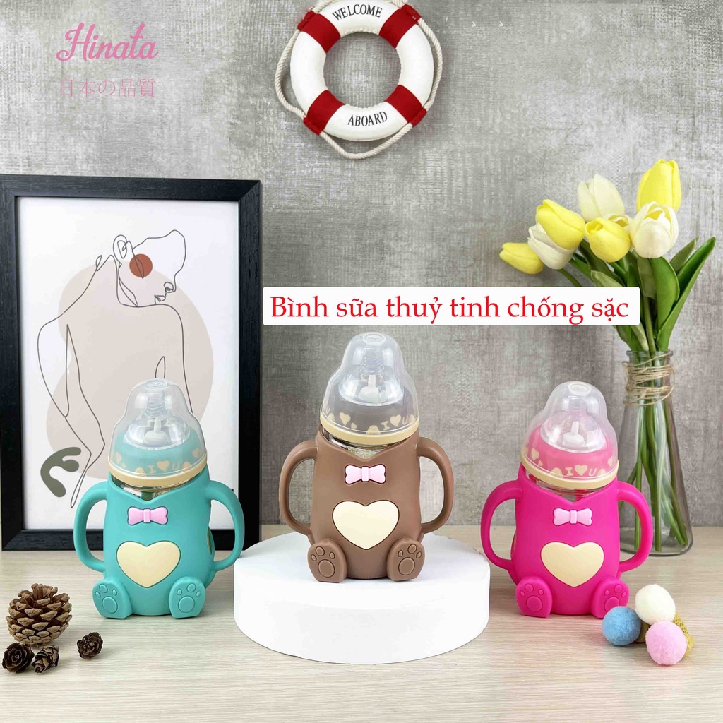 Bình sữa thủy tinh chống sặc HINATA - Giúp bé dễ cầm và dễ bú ở mọi tư thế BS01