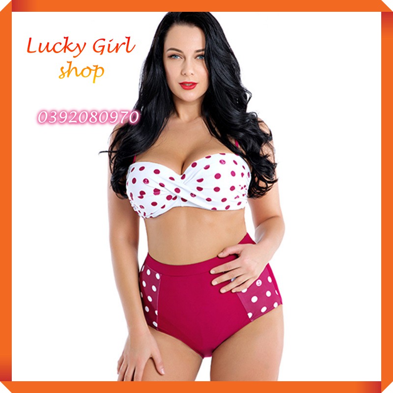 Bikini Gọng Mút Màu Đỏ Mận Chấm Bi Quần Cạp Cao Big Size Cao Cấp 2XL-5Xl - Hàng Nhập Quảng Châu