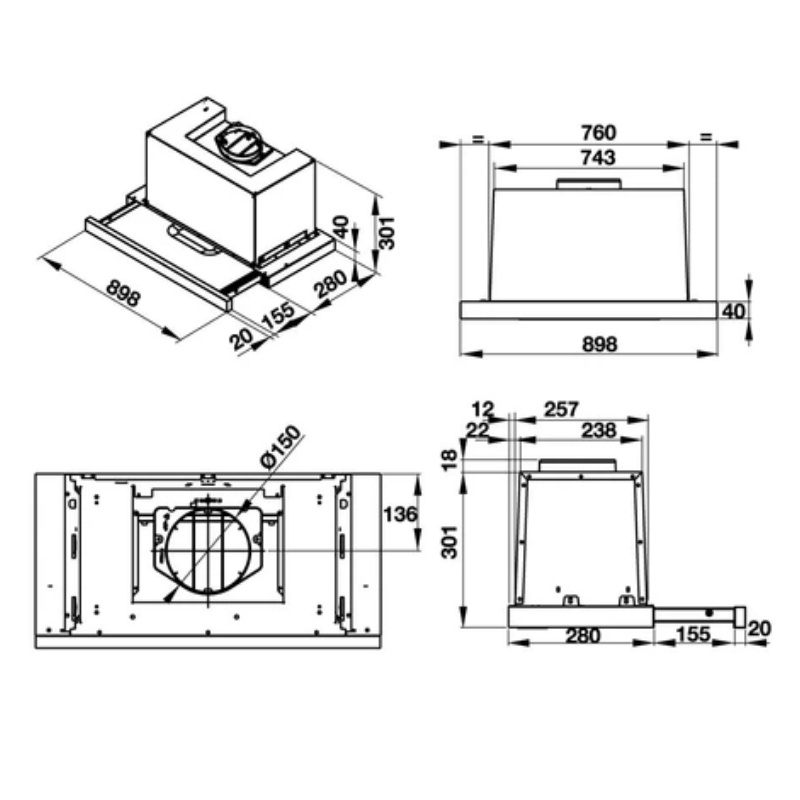 Máy Hút Mùi Âm Tủ Hafele HH-TG90E 539.81.075 - Nhập Khẩu Ý - Điều Khiển Điện Tử