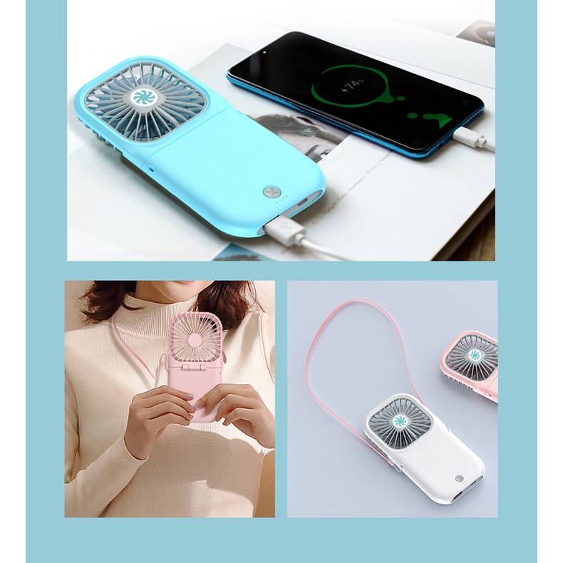 [Mẫu mới 2022] Quạt mini cầm tay gấp gọn kiêm pin sạc dự phòng 4000mAh, quạt tích điện mini đeo cổ 3 chế độ gió làm mát