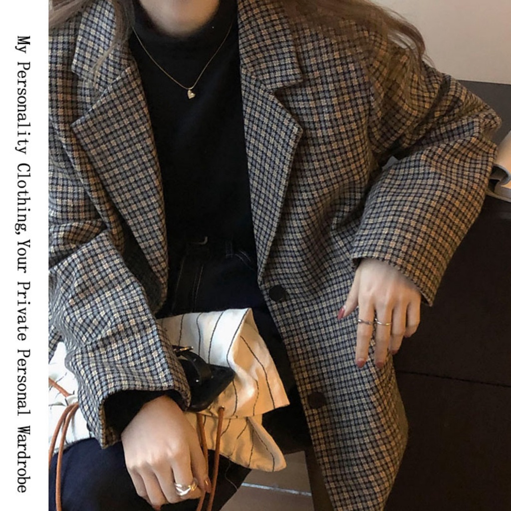 Ảnh thật 2 hình cuối-HC842.Áo khoác dạ houndstooth thu đông phong cách Hàn Quốc