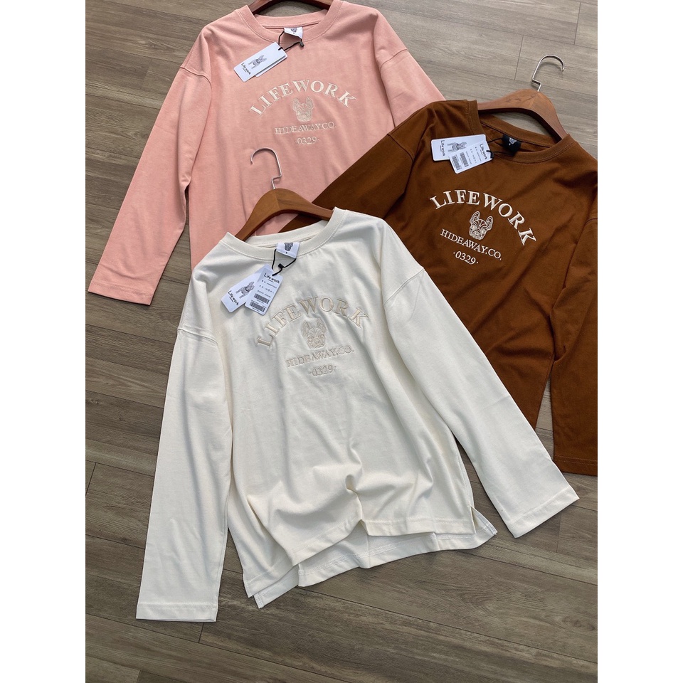 Áo thun thêu LIFE chữ thêu phom rộng tay dài cổ tròn nhiều màu chất cotton 100% xuất dư siêu mát mịn