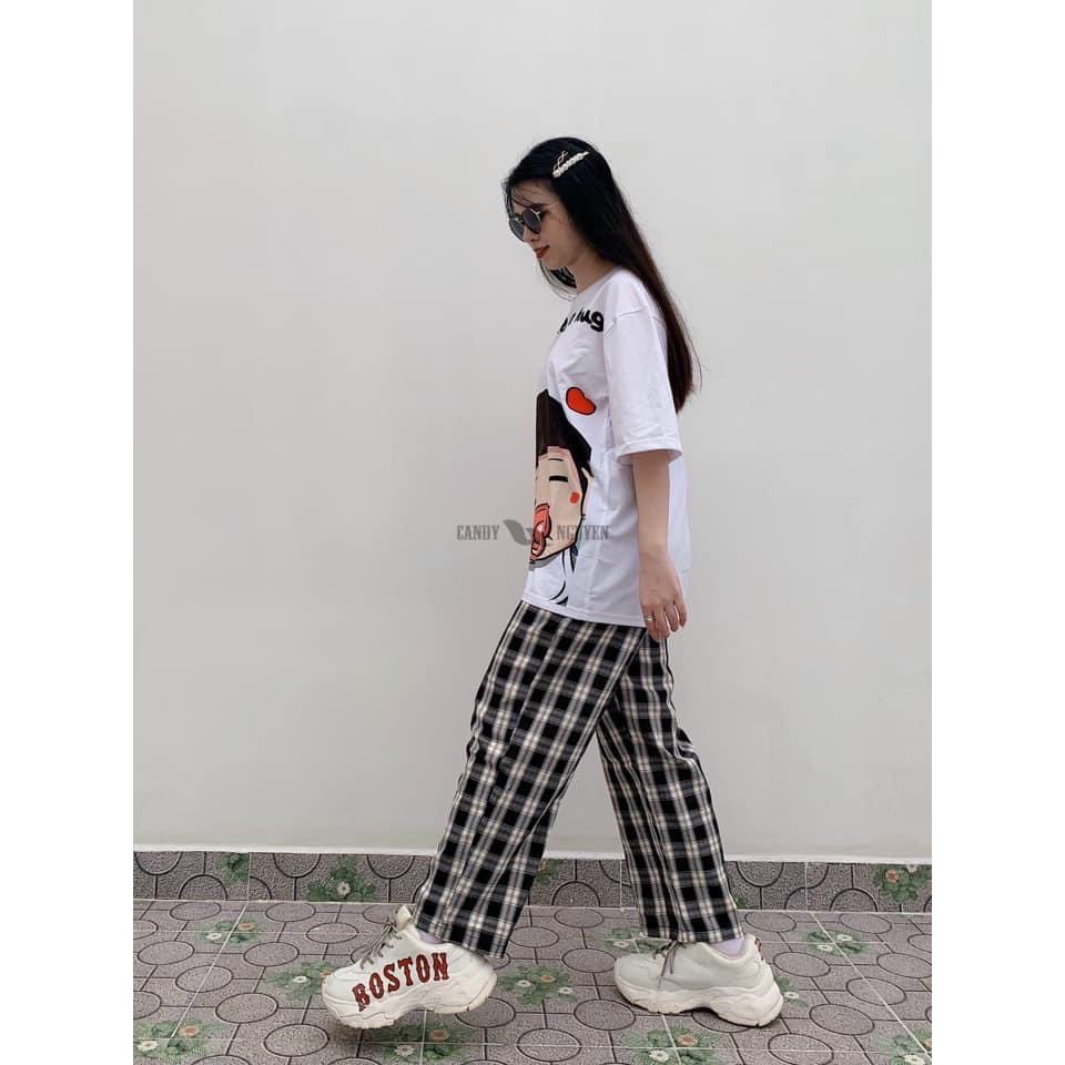 Sét bộ quần dài caro+ áo form rộng in hinhe em bé đáng yêu TTSLA0372