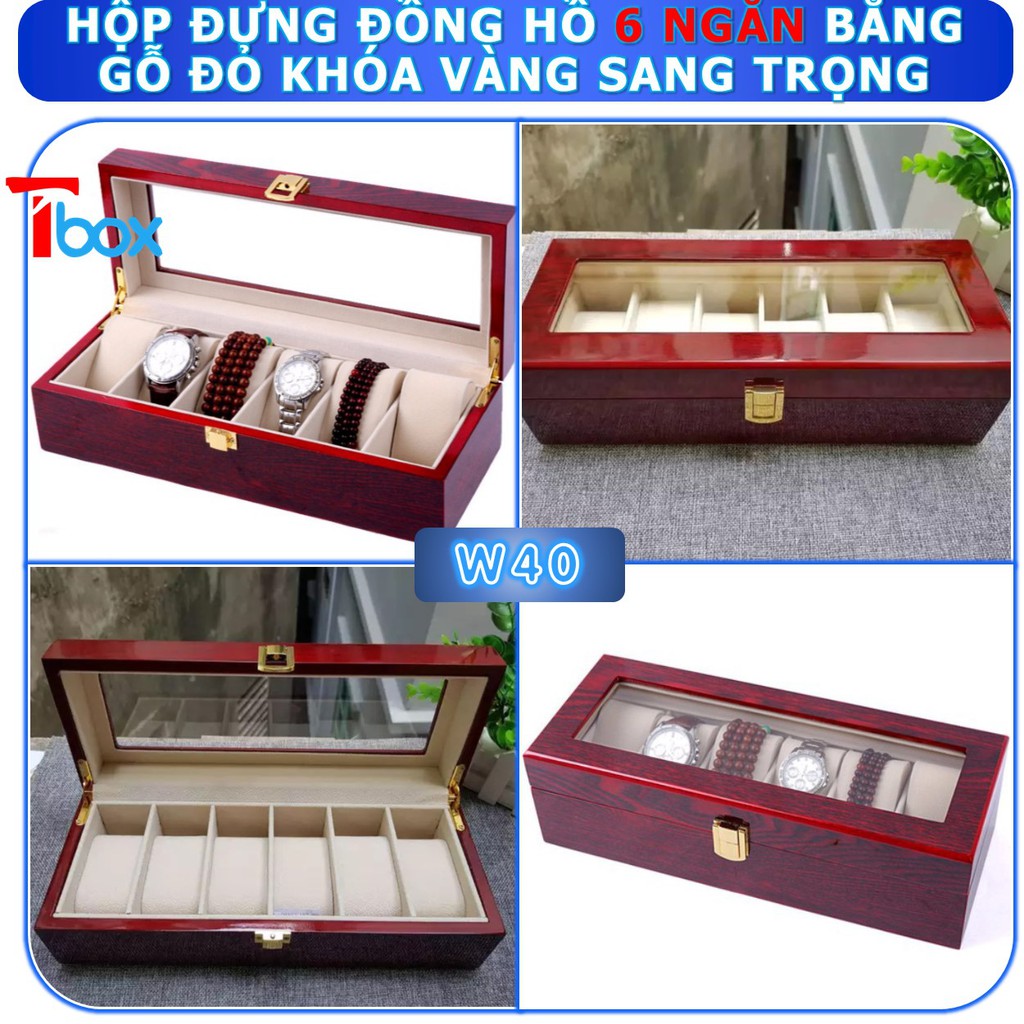 Hộp đựng Đồng hồ gỗ đỏ gồm 6 ngăn Hộp Đồng hồ nhiều ngăn vỏ gỗ cao cấp Khóa mạ vàng cao cấp