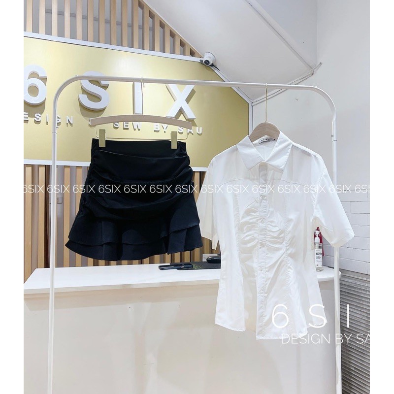 Áo sơ mi trắng cộc tay thiết kế rúm ngực thời trang công sở 6SIX closet