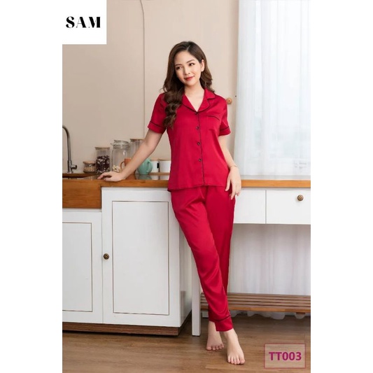 Bộ Pyjama Lụa Viền Tay Cộc Quần Dài Cao Cấp
