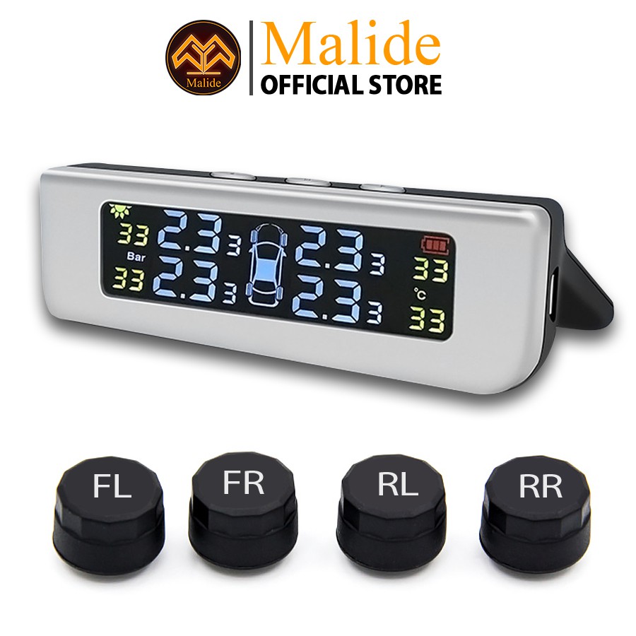 Cảm biến áp suất lốp van ngoài Malide + màn hiển thị LCD bốn lốp, pin mặt trời, cảnh báo âm thanh - MLD29