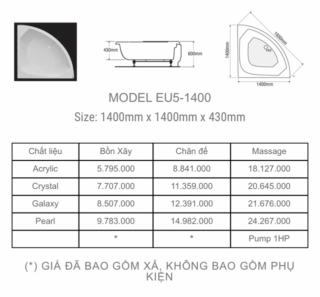 BỒN TẮM GÓC EUROCA  - MODEL EU5 - 1400 - BẢO HÀNH 3 NĂM