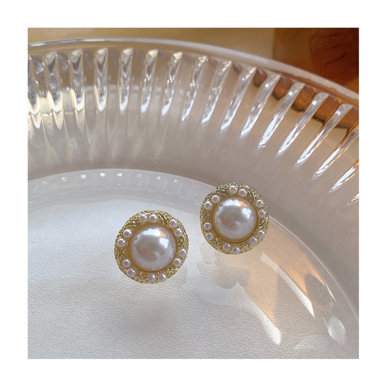 Bông tai tròn đính ngọc trai phong cách retro thanh lịch