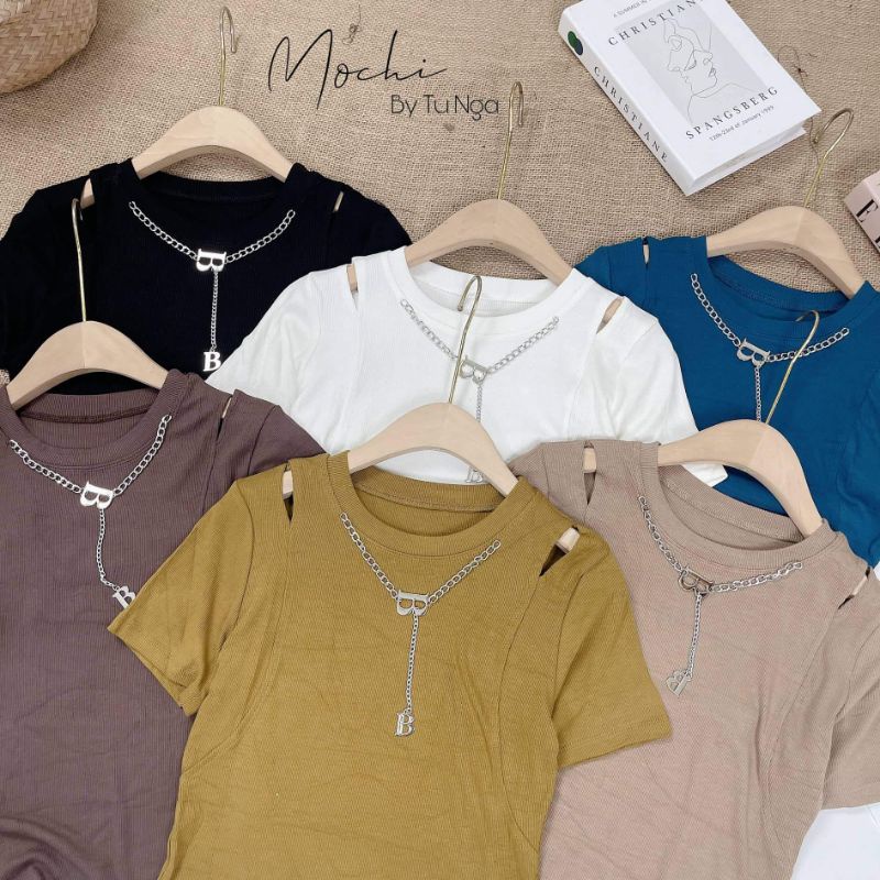 Áo thun tăm khoét vai dây xích