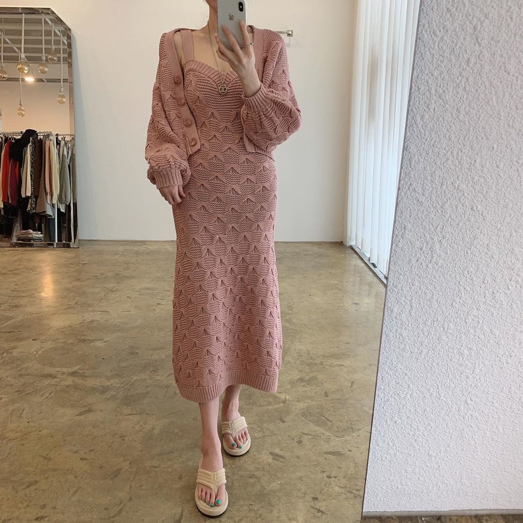Set Áo Khoác Cardigan Dệt Kim Tay Phồng + Đầm Sweater Phong Cách Hàn Quốc | BigBuy360 - bigbuy360.vn