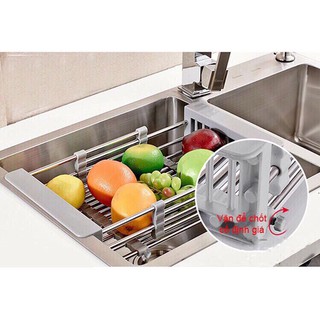 Khay inox gác bồn - Giá inox co giãn để chậu rửa bát - rổ inox rút gọn đa năng đựng đồ
