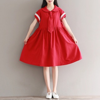 Đầm babydoll đỏ thắt cà vạt