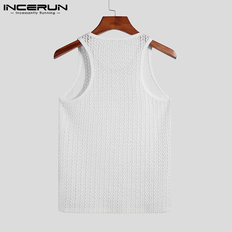 Áo không tay INCERUN dệt kim vải cotton xuyên thấu phối ren thời trang mùa hè sành điệu cho nam