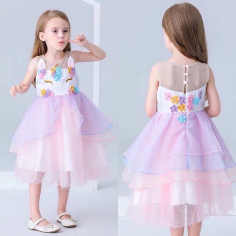 SIÊU PHẨM ĐẦM PONY UNICORN CAO CẤP CHO BÉ MÀU HỒNG ĐÍNH HOA 3D
