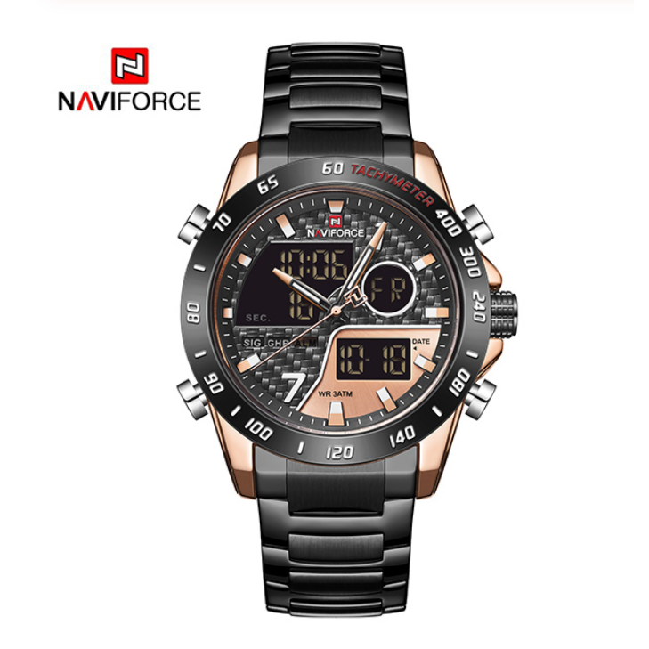 NAVIFORCE NF9171 Men Sport Fashion Stainless Steel Band Analog Digital Watch