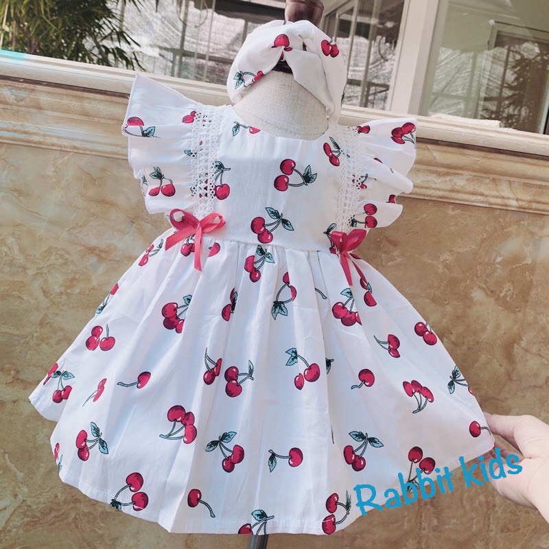 Váy Hè Cho Bé Gái FREESHIP Tặng Kèm Turban - Rabbit Kids - Đầm Trẻ Em Thiết Kế Cao Cấp Hoạ Tiết Chery Bèo Ren Vai