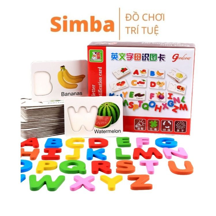 Thẻ ghép chữ cái gỗ tiếng Anh đồ chơi Simbaba nhiều chủ đề cho bé học chữ cái tiếng Anh