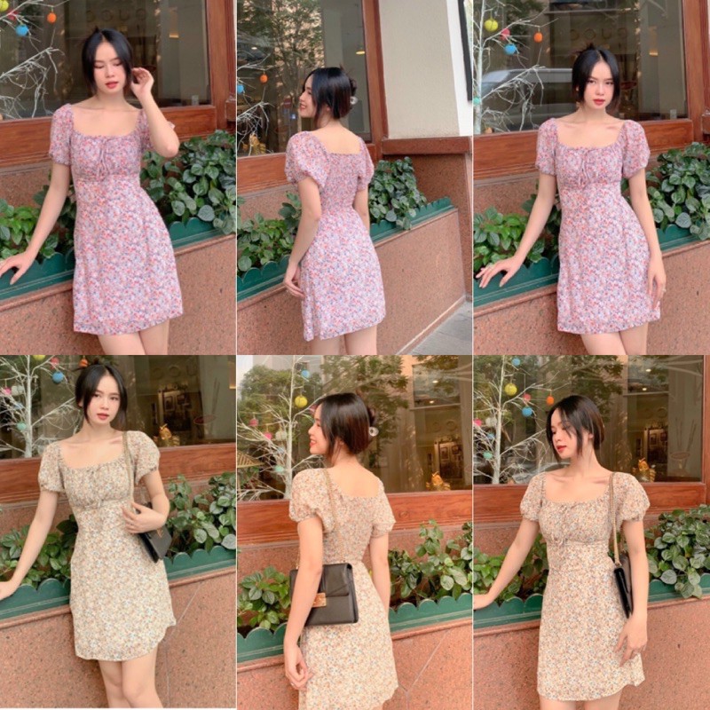 Đầm xinh Xmas Dress hoạ tiết hoa nhí chất vải lụa voan from chuẩn tôn dáng có bo chun co giãn phía sau tay bèo trễ vai