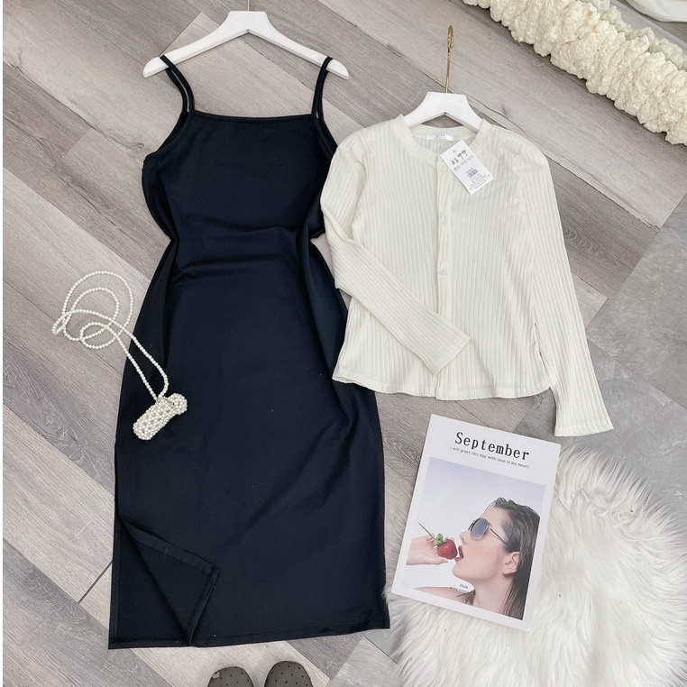Set Đầm 2 Dây Ôm Body Dây Rút Sexy Kèm Áo Khoác Mỏng Cardigan [ẢNH THẬT + VIDEO]