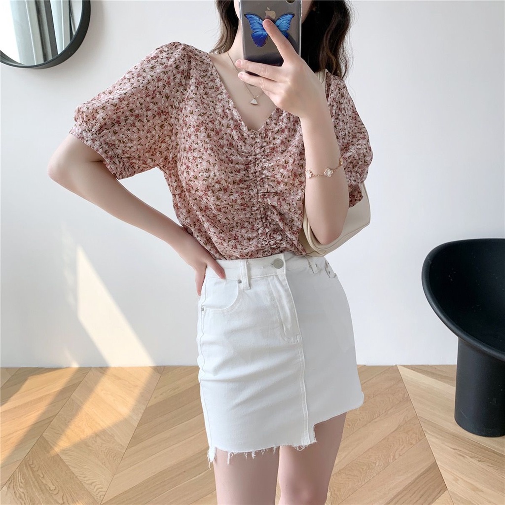 ❤️❤️Áo Sơ Mi Chiffon Tay Ngắn Cổ Chữ V Phối Dây Rút In Họa Tiết Hoa Nhí Xinh Xắn Thời Trang Phong Cách Hàn Quốc Cho Nữ