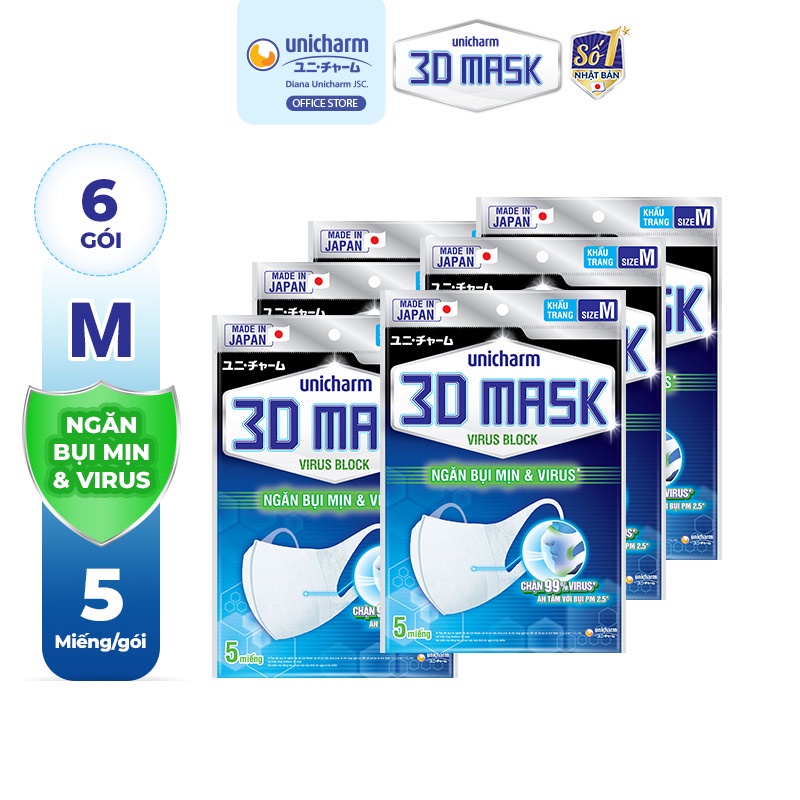 Bộ 6 Khẩu trang ngăn vi khuẩn Unicharm 3D Mask Virus Block size M gói 5 cái