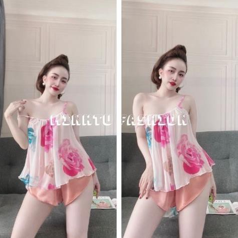 Đồ Ngủ Sexy, Đồ Bộ Mặc Nhà Nữ Áo 2 Dây Voan Hoa Phối Quần Đùi Satin Màu Hàng Đẹp Phong Cách Gợi Cảm, Quyến Rủ Cho Bạn Nữ | BigBuy360 - bigbuy360.vn