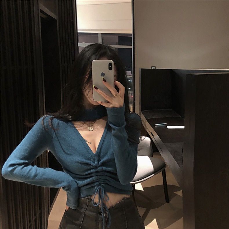 SUXI Áo dệt kim mỏng tay dài dáng ngắn thời trang mùa thu Hàn Quốc dành cho nữ